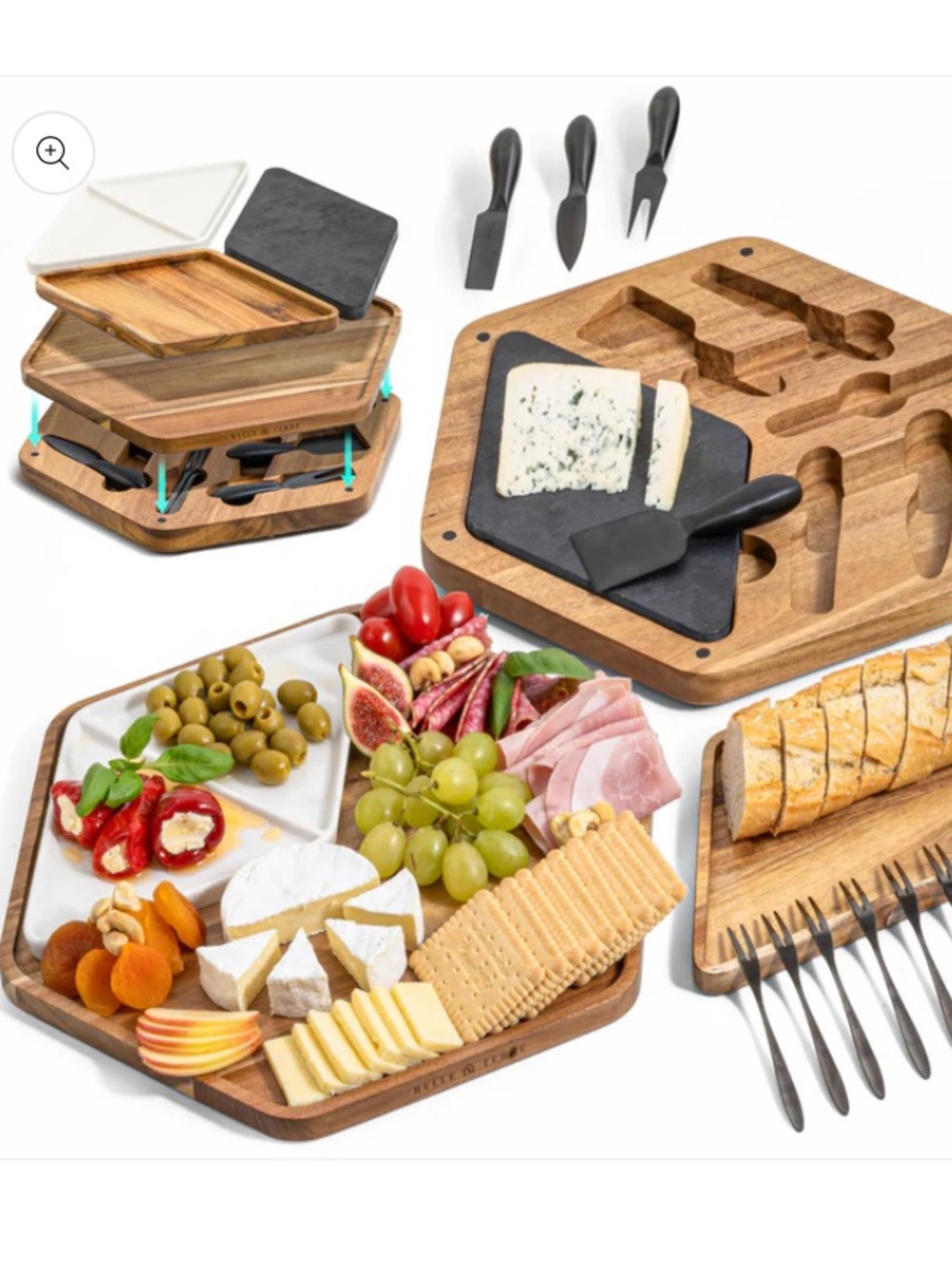 Luxury Acacia Cheese Board & Knife Set with Slate and Ceramic Dishes New